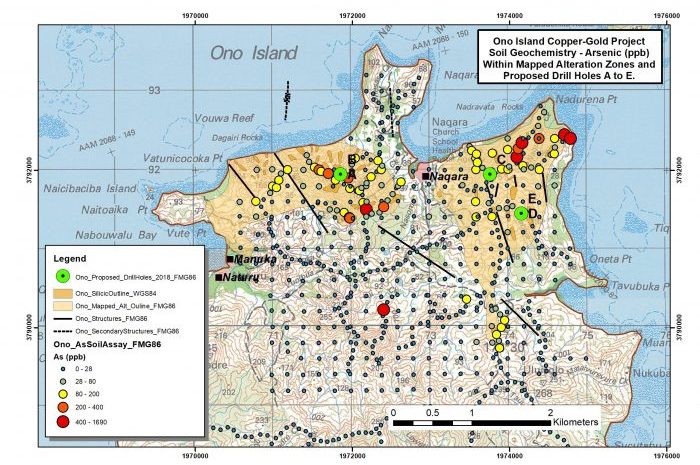 SPL 1451 Ono Island Project Dome Gold Mines Ltd   Ono Plan Showing Alteration Zones And Ionic Leach Soil Sampling Results E1520994601547 