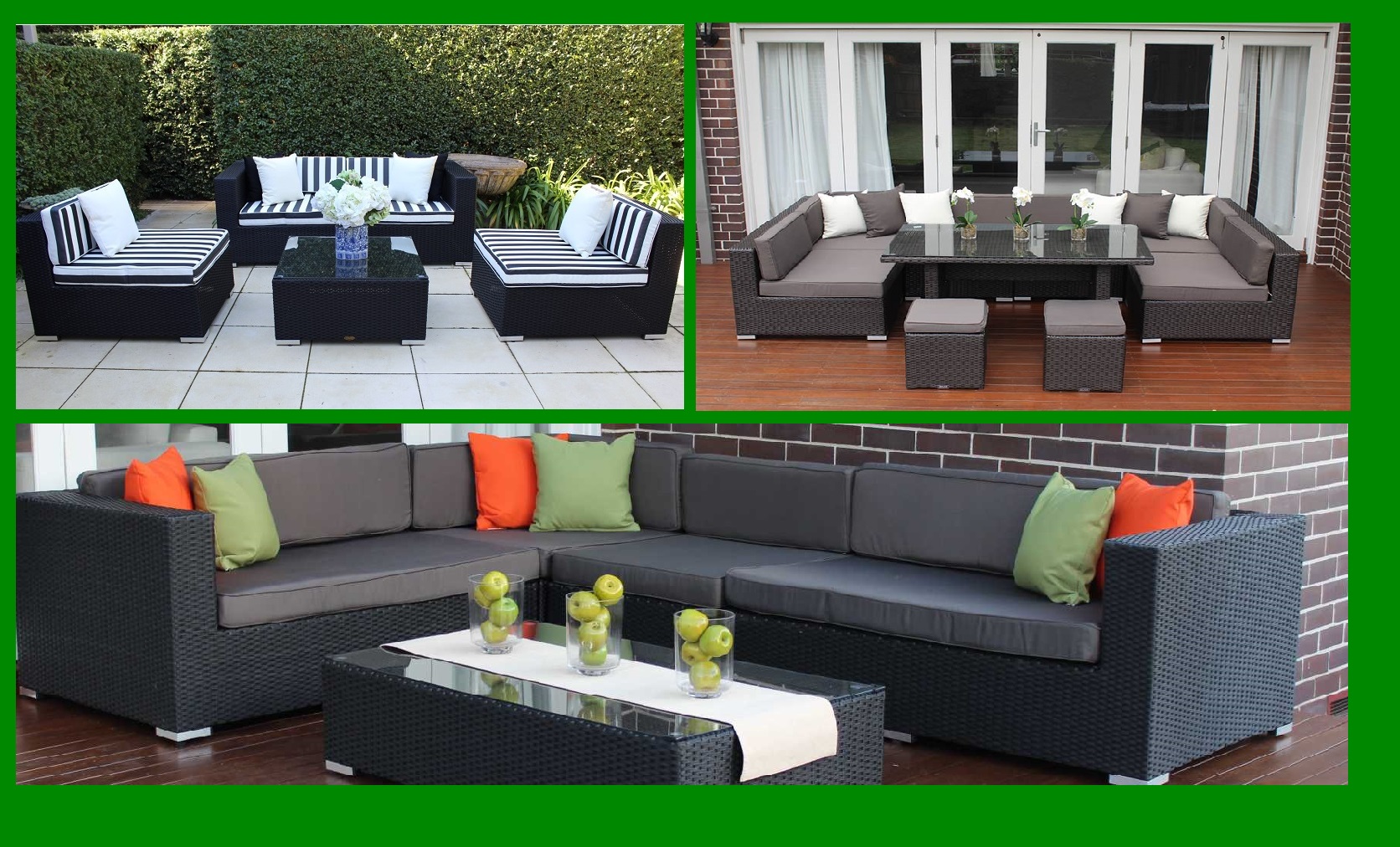 Collage of black and grey wicker sofa sets with tables